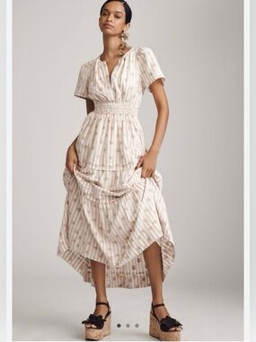 Anthropologie Cream and Tan High-Low Smocked Midi Dress